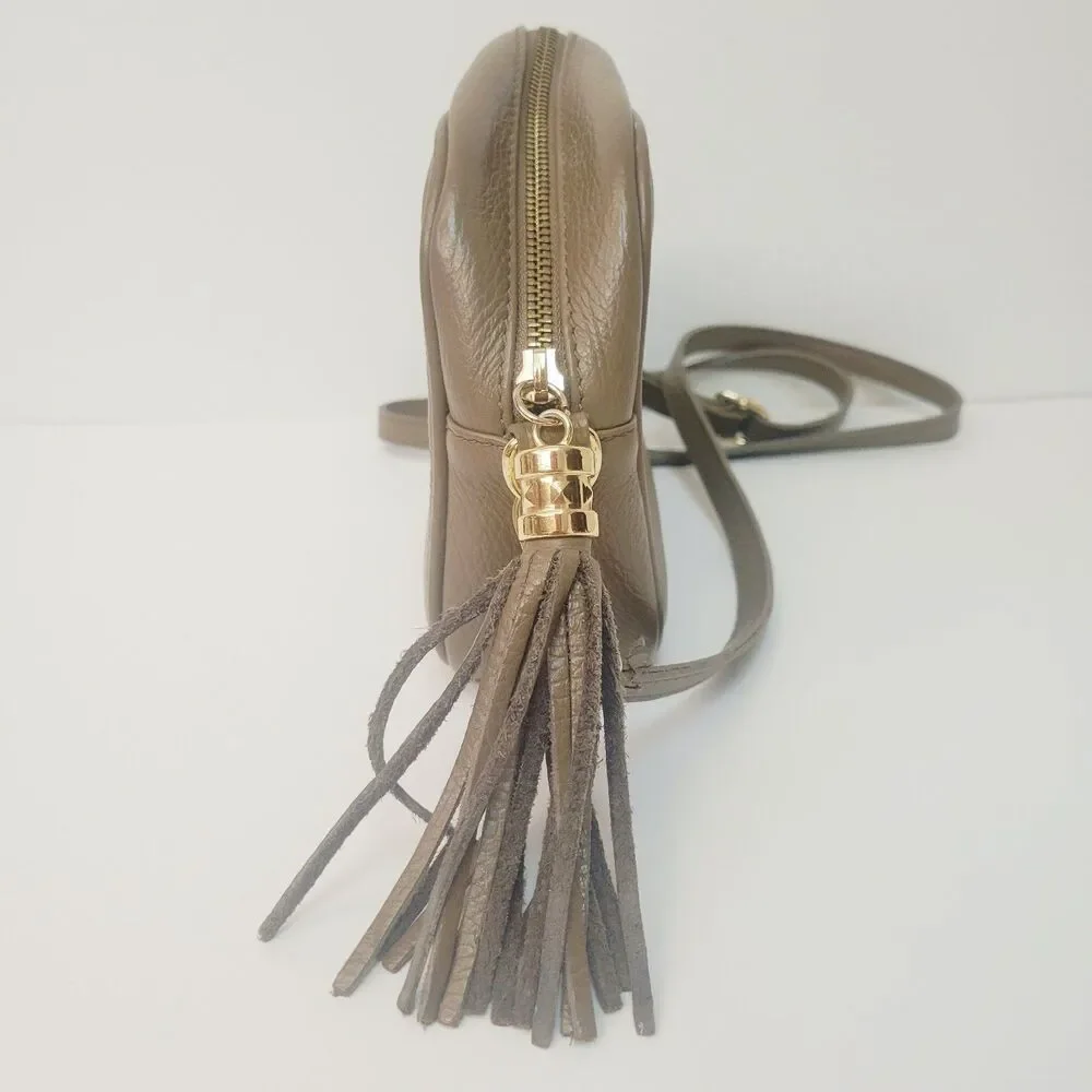 Genuine Leather Made in Italy Taupe Pebbled Crossbody Camera Bag Tassel Gold